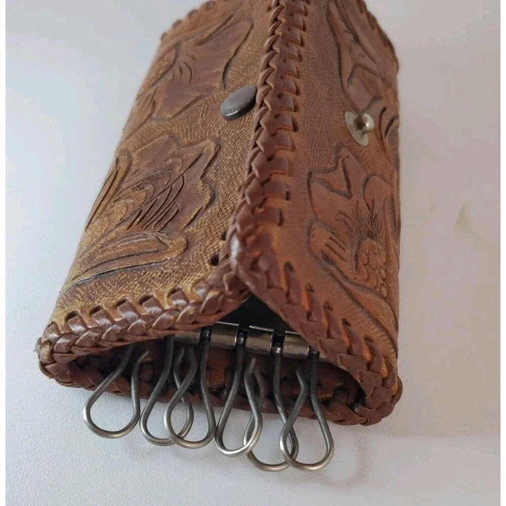 vintage tooled leather key rings case card holder stitched poppy flower detail
